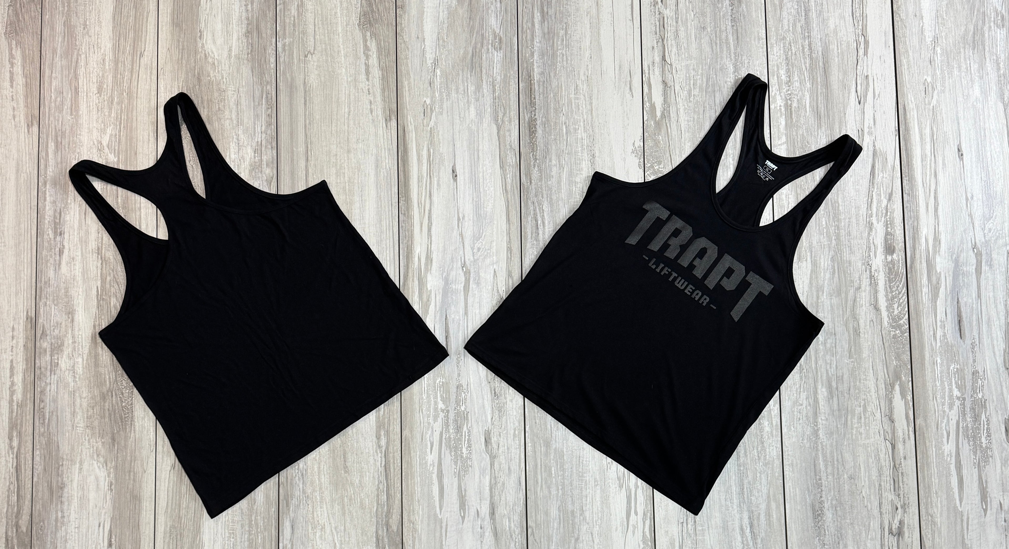 Black on black tank top front back 