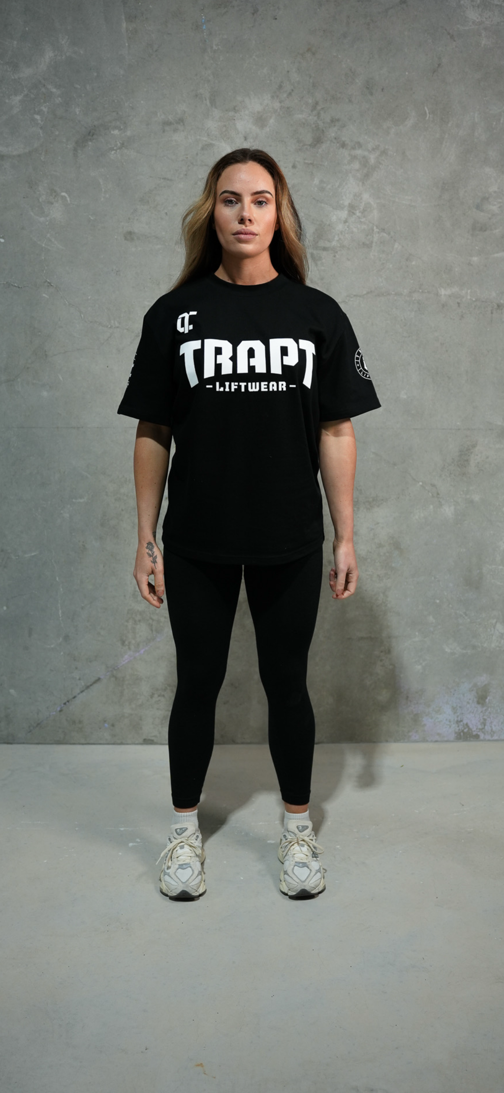 White TRAPT on black liftwear shirt 